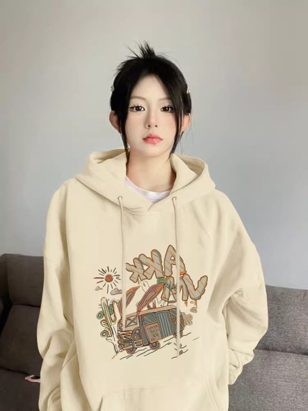 品質巨贊！杏色小眾連帽衛衣女秋冬寬鬆休閒加絨設計感小個子上衣