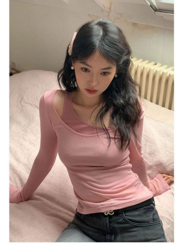 Pure lust hot girl pink fake two-piece T-shirt for women autumn slim slim long-sleeved right shoulder design halter top