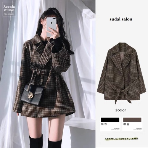  Spring and Autumn Korean chic retro lapel plaid woolen coat casual mid-length coat