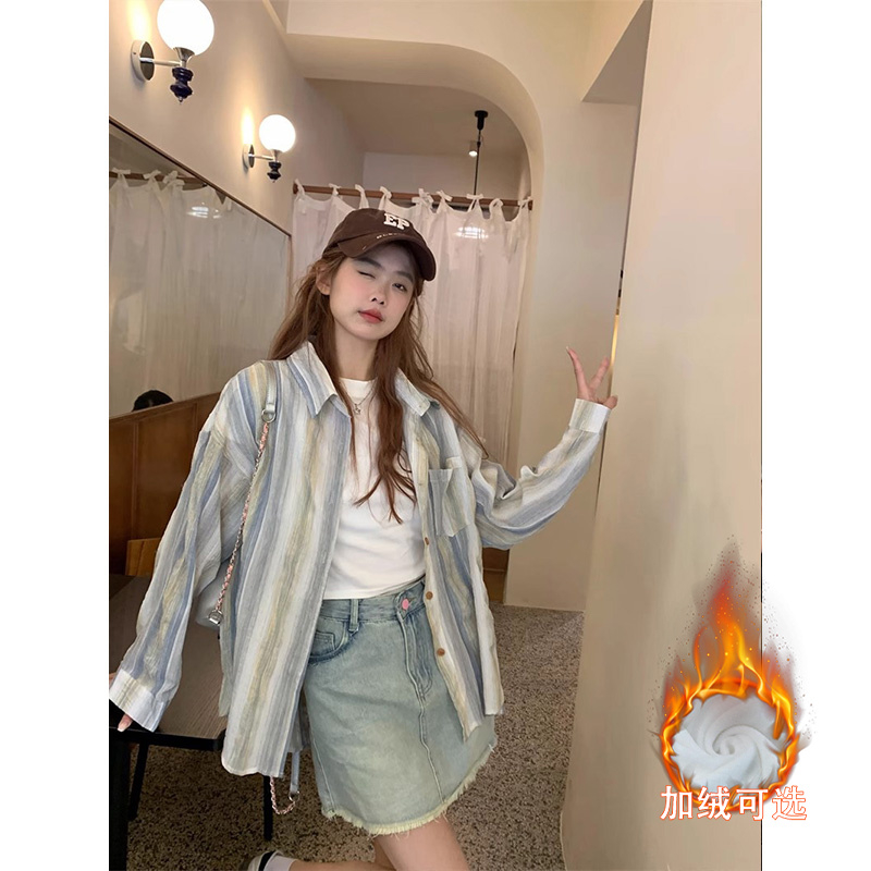 慵懶風撞色條紋襯衫女寬鬆設計感秋冬加絨加厚保暖一體絨長袖上衣
