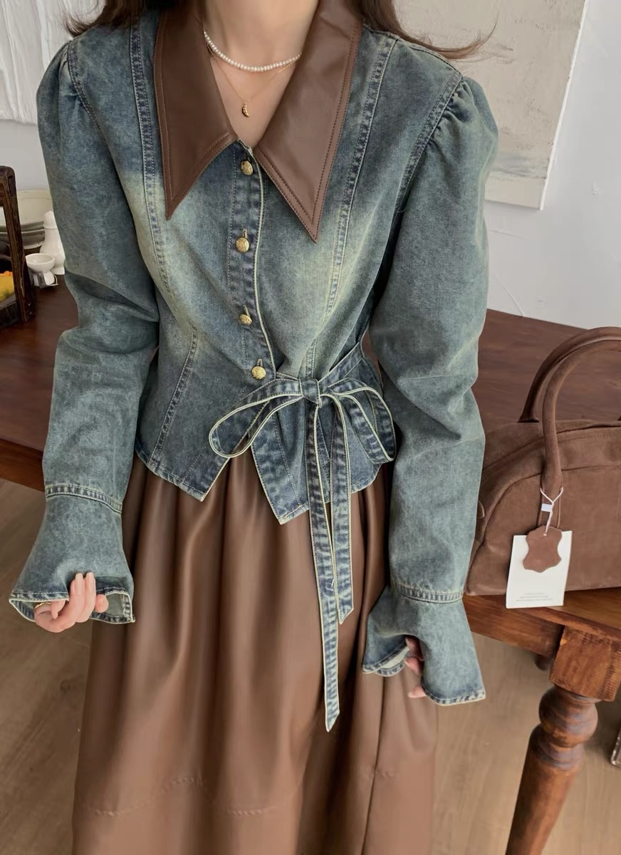 YLS復古港風拼皮領牛仔襯衫女秋綁帶不規則甜酷上衣高腰顯瘦半裙
