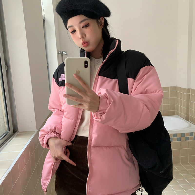 實拍國潮美式拼色棉衣棉服秋冬加厚情侶上衣棉襖外套麵包服女