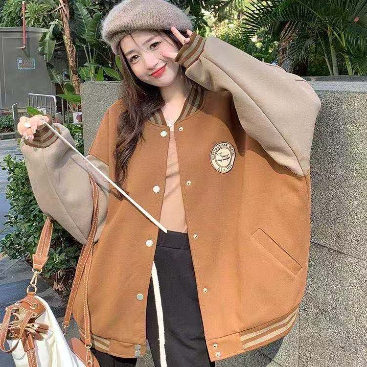 2023秋冬美式復古棒球服新款寬鬆時尚撞色拼接加絨加厚外套女潮流