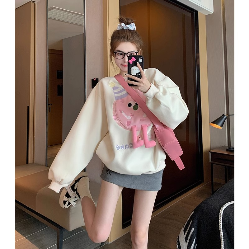 設計感玩偶圓領衛衣女2023新款春秋寬鬆休閒加絨加厚套頭上衣