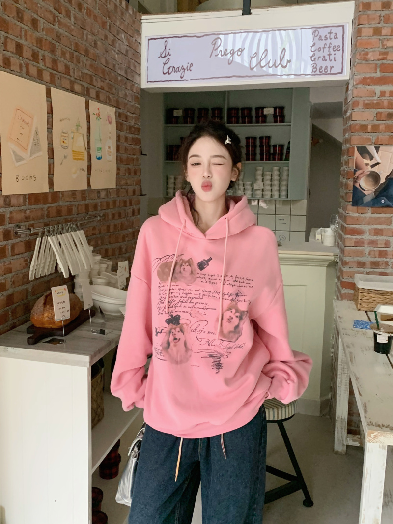 實拍～ 連帽寬鬆加絨衛衣女印花設計絨衣