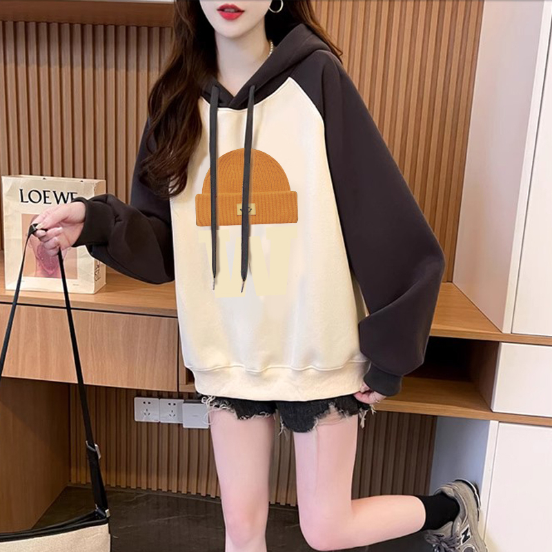 仿華棉複合220克銀狐絨/後包領秋冬加絨加厚拼色插肩袖衛衣女