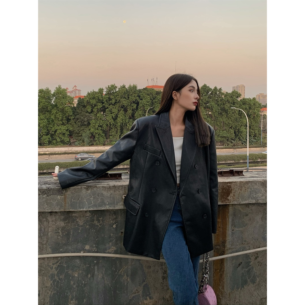 Black retro PU leather suit jacket for women spring and autumn new loose casual temperament high-end top