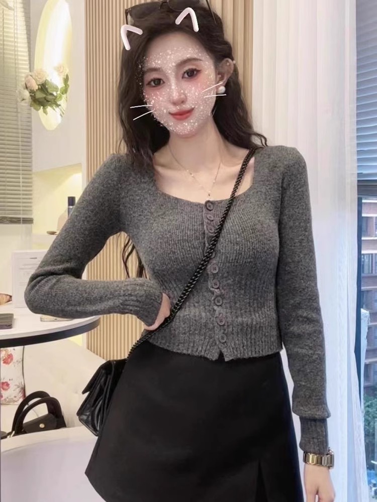 十三行女裝秋季新款韓版氣質方領單排扣修身高腰長袖針織衫上衣女