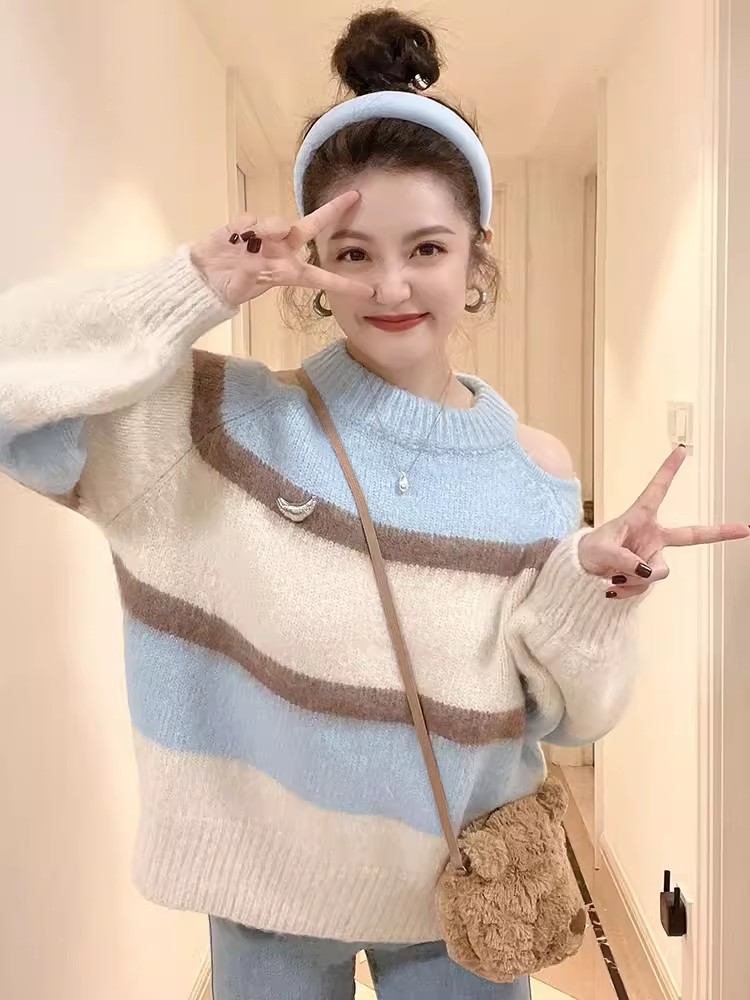 秋冬韓系清新露肩毛衣女藍色簡約拼色厚款懶慵小眾高級感時髦上衣