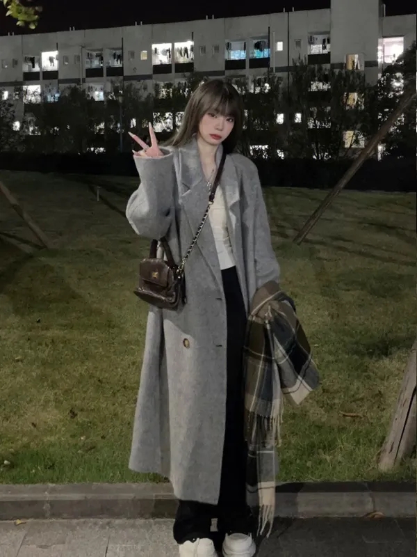 灰色毛呢外套女2023秋冬新款赫本風韓系小個子高級感呢子大衣