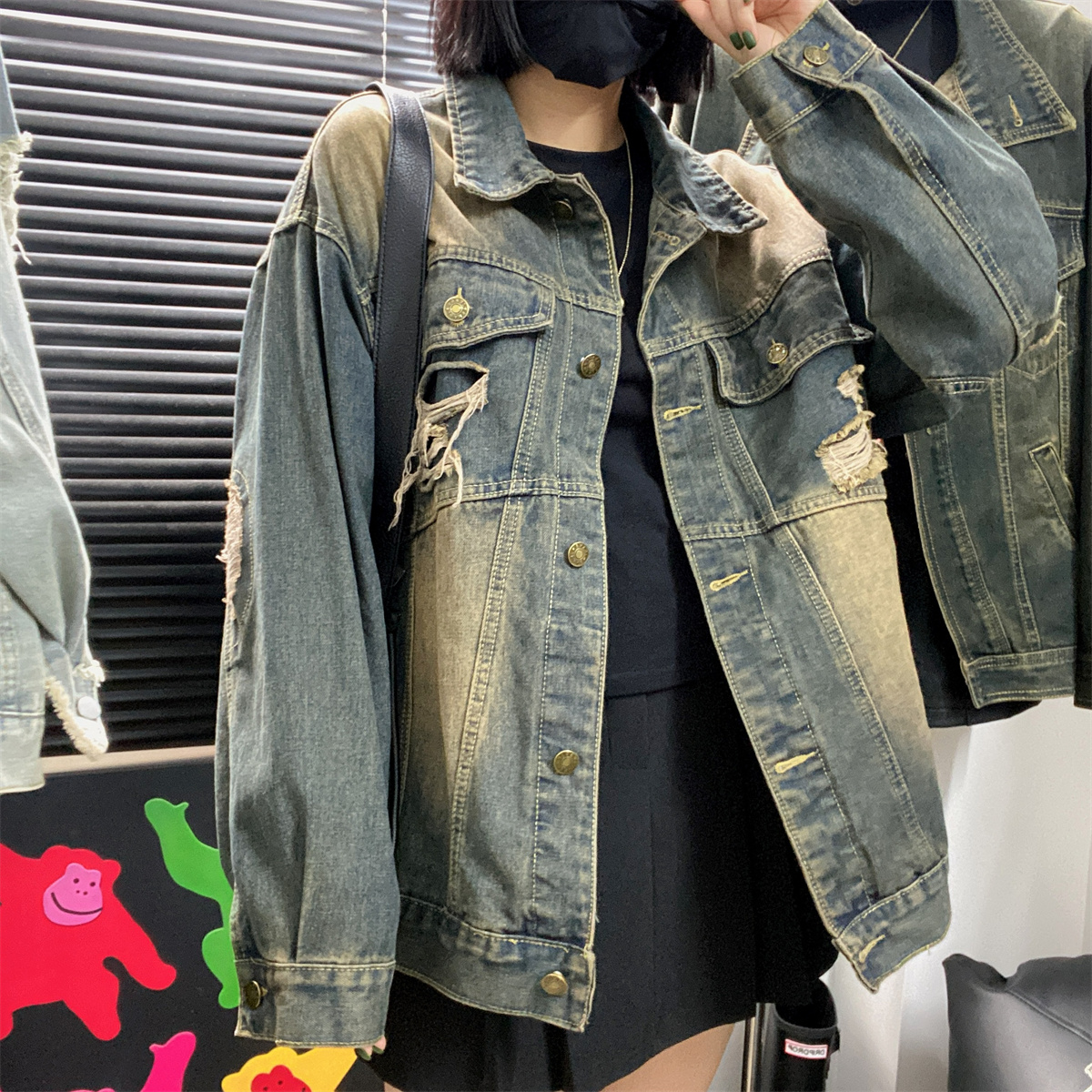 復古做舊牛仔外套女寬鬆百搭炸街夾克秋季設計感破洞上衣韓版