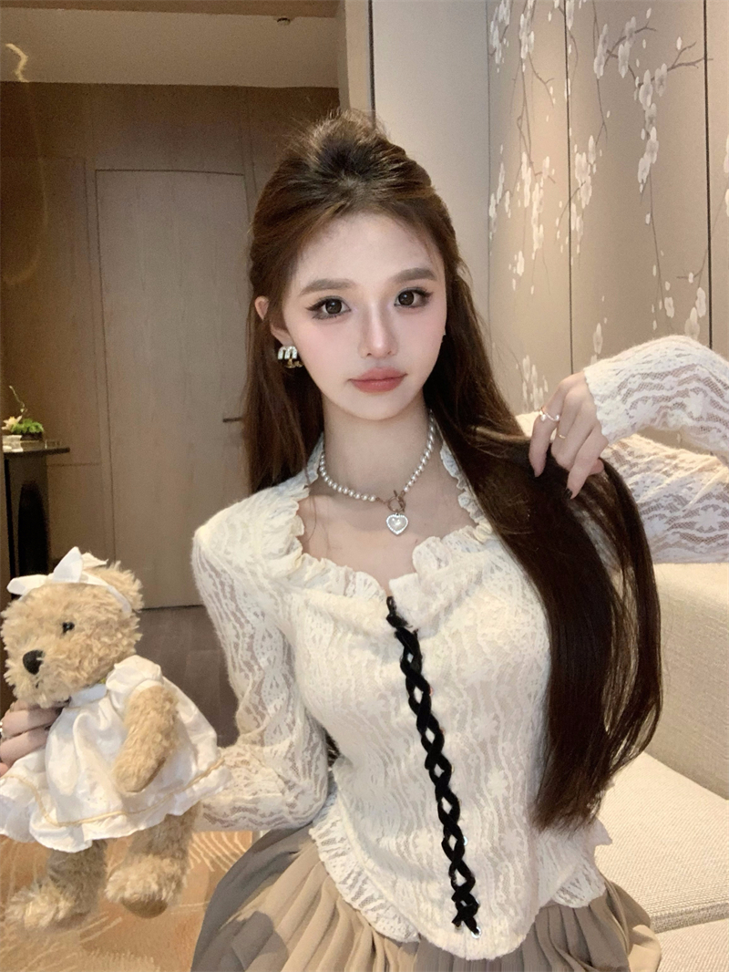 實拍~奶系穿搭早秋純欲甜辣妹性感蕾絲上衣打底衫小香風內搭