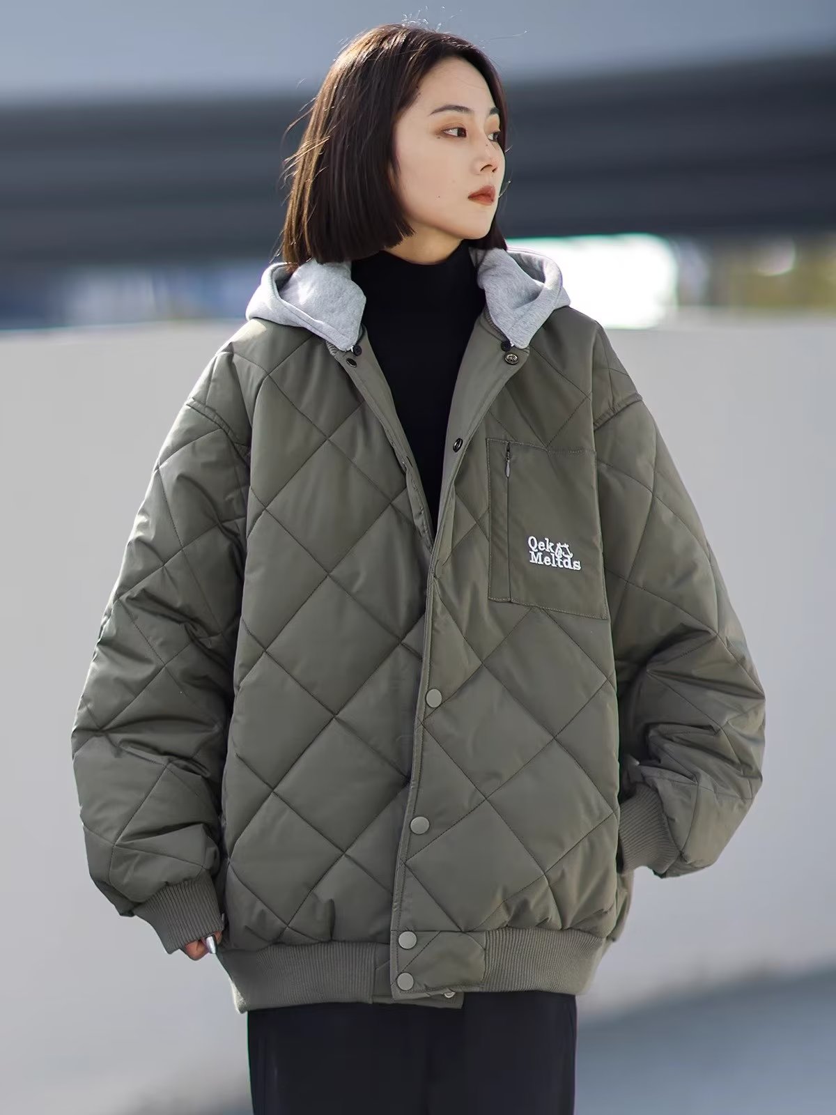 cityboy冬季日系學院風假兩件連帽領菱形格棉服外套男女寬鬆休閒