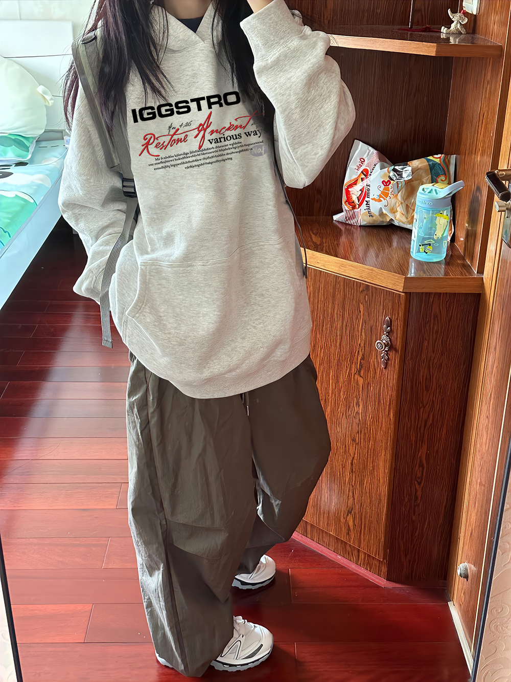 灰色連帽慵懶風美式復古衛衣女秋冬寬鬆重磅純棉潮牌加絨加厚外套