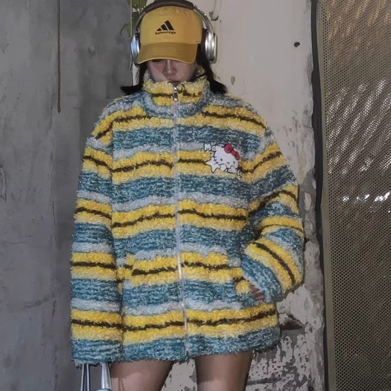 Little Devil Stripe Contrast Color Stand Collar Jacket Women's Autumn and Winter New Thick Wool Casual Sports Retro Trendy