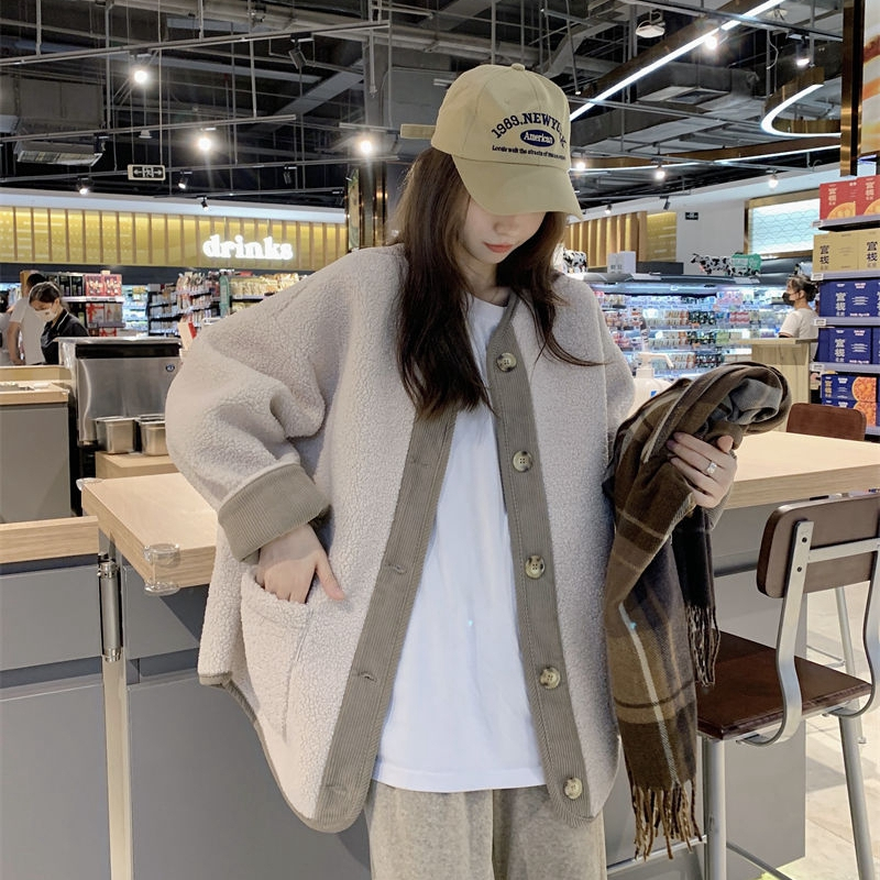 2023冬季厚款撞色復古羊羔毛外套女新款小香風寬鬆加厚中長款開衫