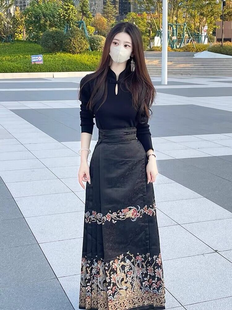 新中式女裝小個子黑色馬面裙上衣顯瘦半身裙套裝漢服成人2023新款