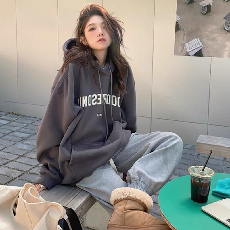 美式復古深灰色衛衣女秋冬oversize寬鬆bf慵懶風連帽加絨加厚外套