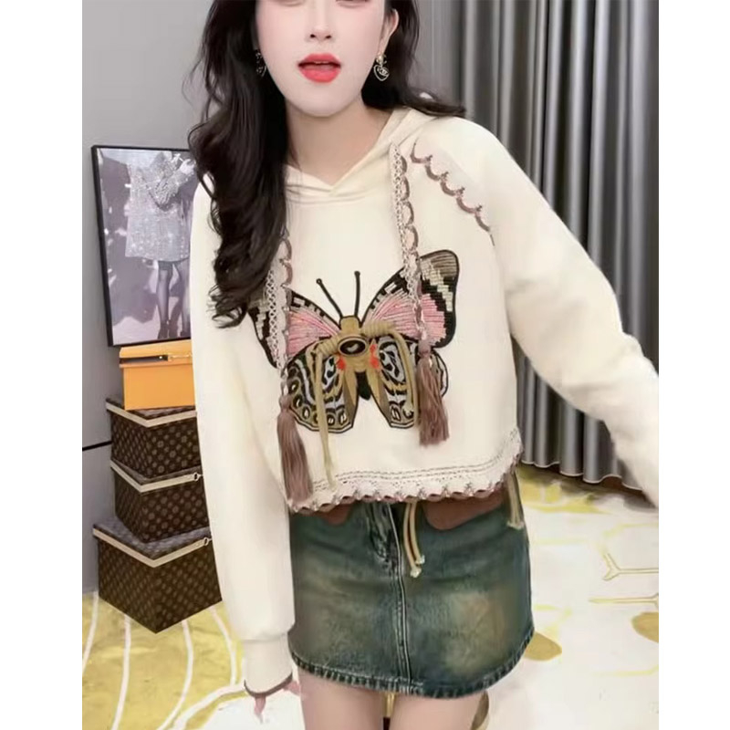 原版做工連帽衛衣女2023新款氣質復古顯瘦小眾休閒長袖短款上衣