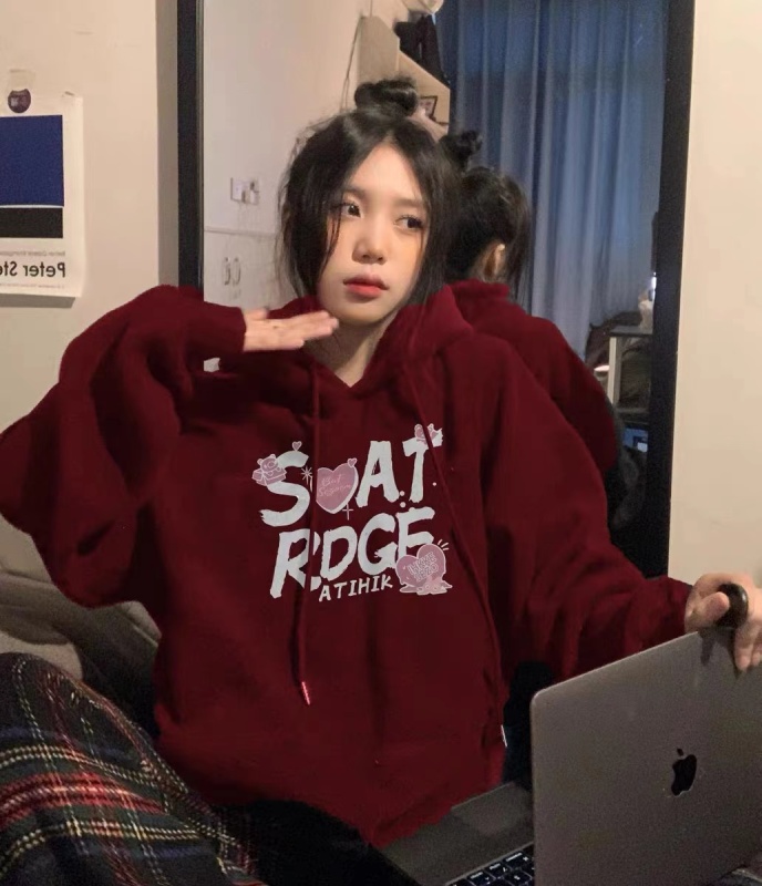 美式hiphop連帽衛衣女2023新款秋季加絨酒紅色今年流行的外套上衣