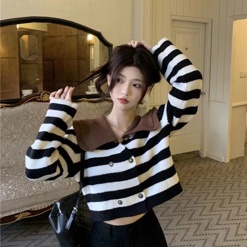 歐貨條紋毛衣女冬季設計感小眾娃娃領雙排扣針織開衫減齡上衣外套