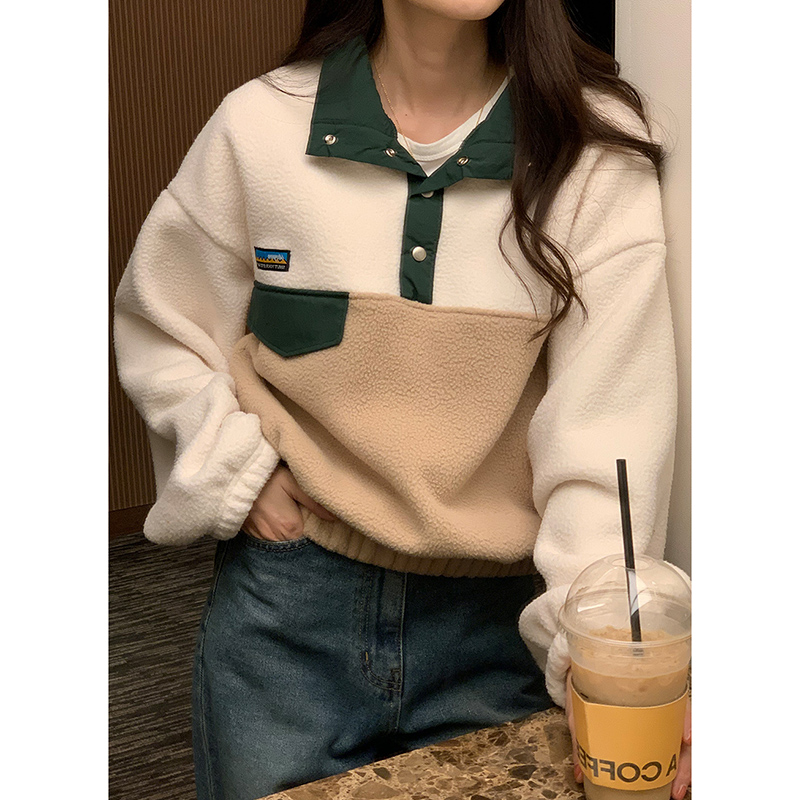 韓國chic秋冬拼色polo領羊羔毛衛衣女