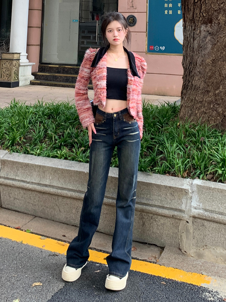 低腰微喇牛仔褲女2023年新款秋冬拼接設計感復古喇叭褲子