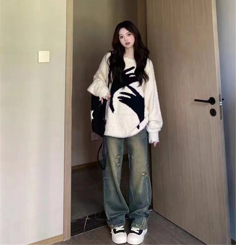 秋冬款新品美式抽象破洞寬鬆軟糯毛衣男女慵懶風情侶裝針織衫上衣