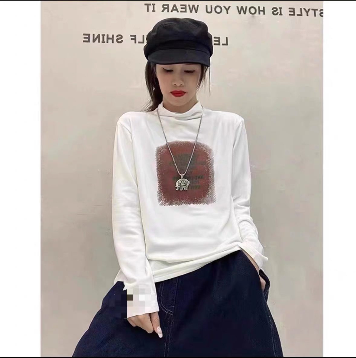 2023 new autumn Korean style half turtleneck bottoming shirt for women with printed fashion and versatile slim fit pullover T-shirt