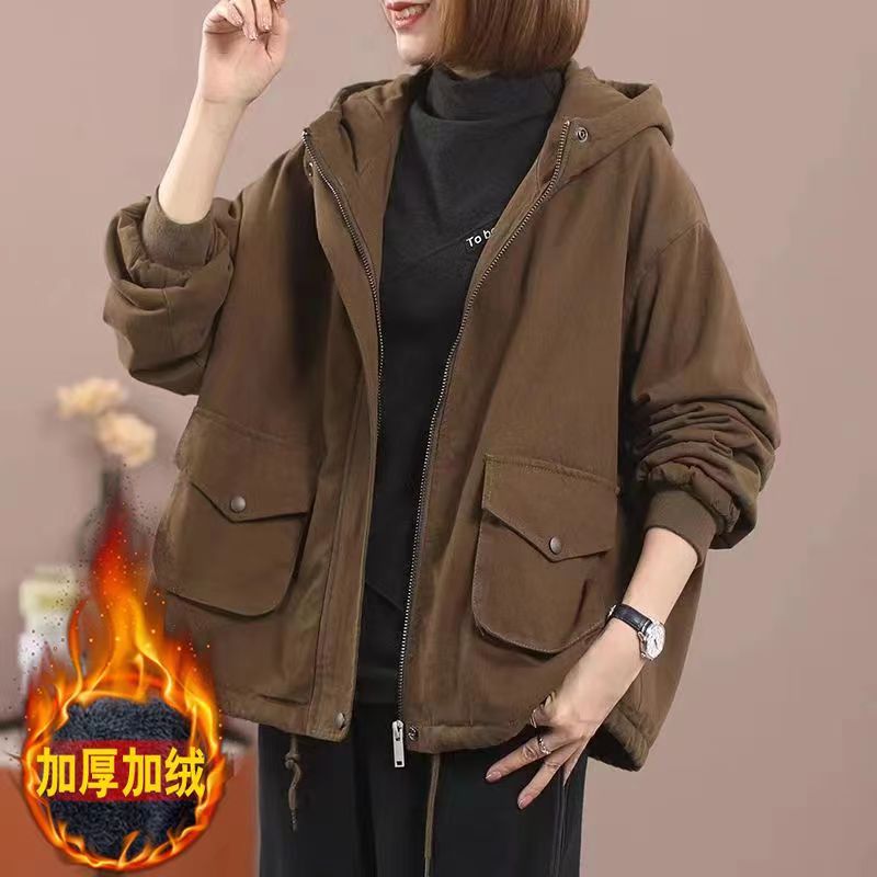 加絨外套女冬季連帽棉衣寬鬆大碼顯瘦休閒派克服百搭加厚純色棉服