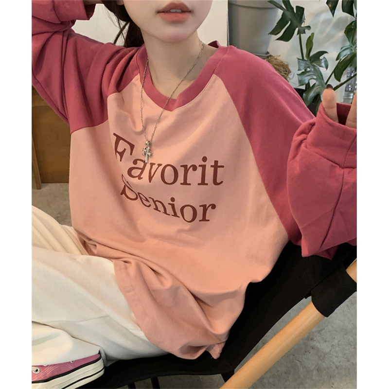 American retro print contrast raglan long-sleeved T-shirt for women in spring and autumn, versatile loose and lazy mid-length casual top