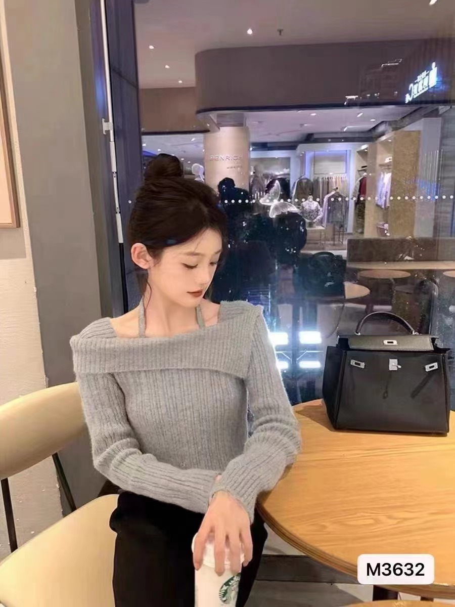 秋季新款純欲風設計感掛脖獨露鎖骨顯瘦長袖上衣女