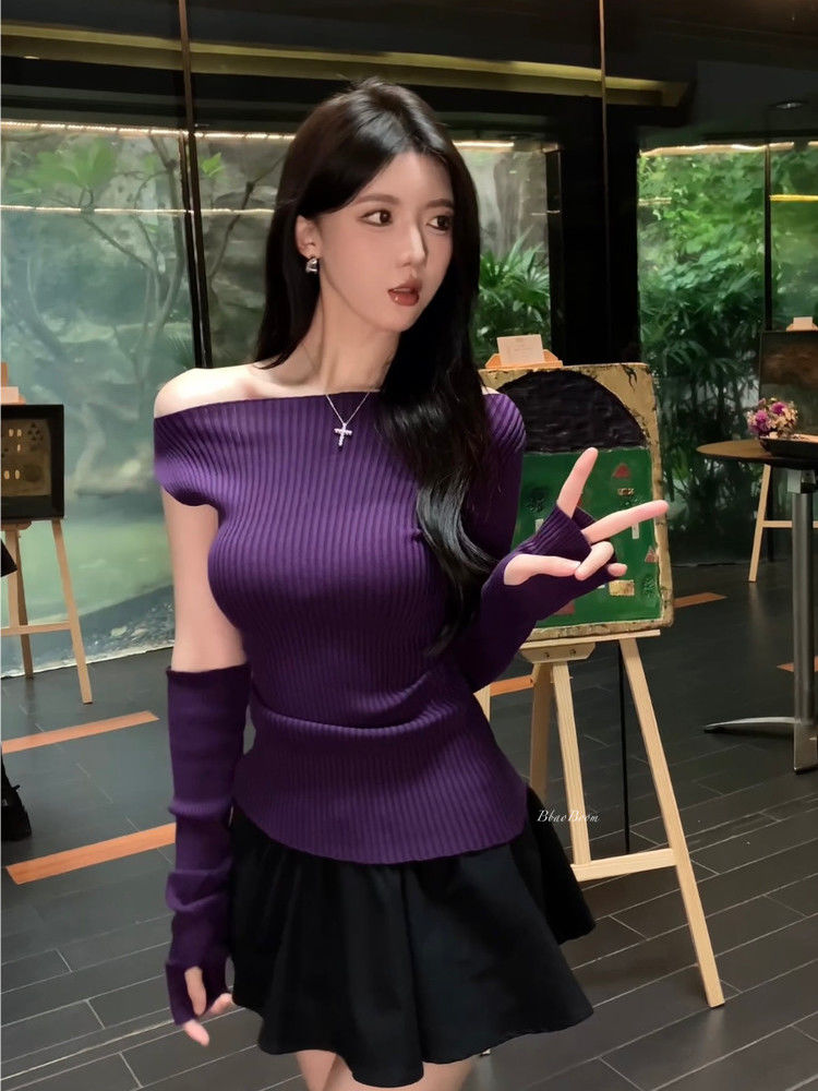 一字肩上衣長袖針織衫女秋冬設計感打底衫時尚修身顯瘦露肩冰爽絲