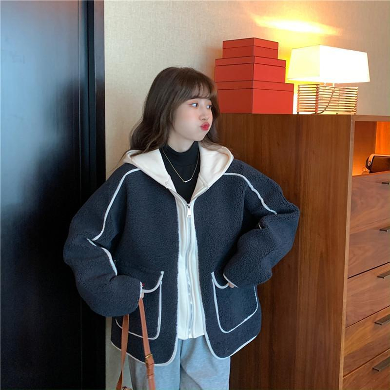 加厚加絨連帽撞色羊羔毛外套女秋冬百搭潮流寬鬆休閒羊羔絨上衣女