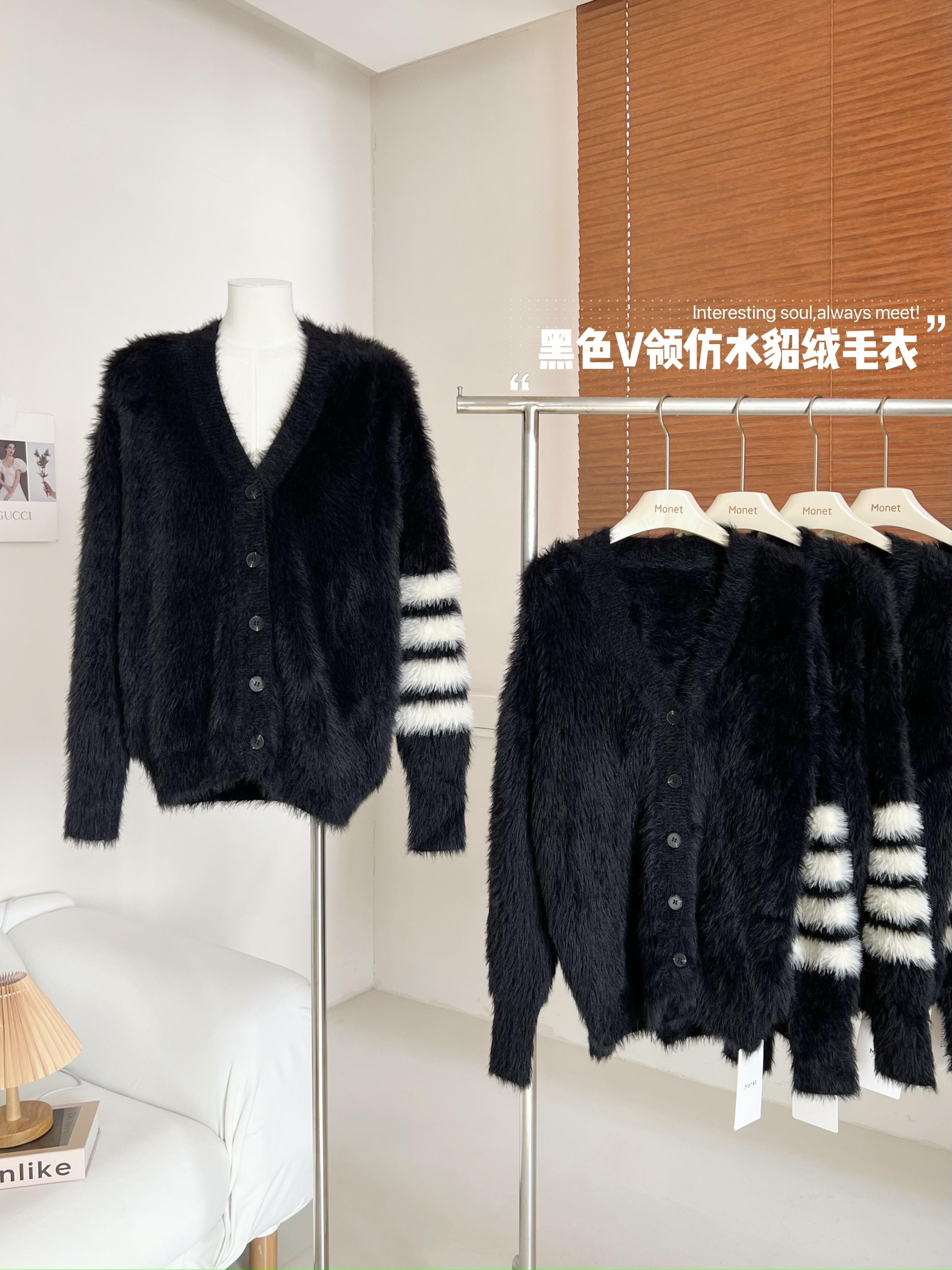 OKMA black V-neck imitation mink velvet cardigan sweater jacket for women in autumn loose lazy style mid-length sweater