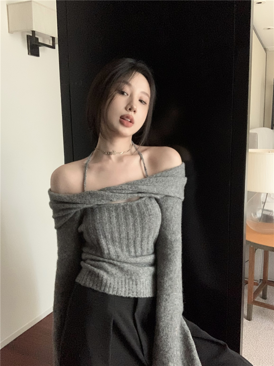 實拍  羊駝毛一字肩高級小性感溫柔毛衣