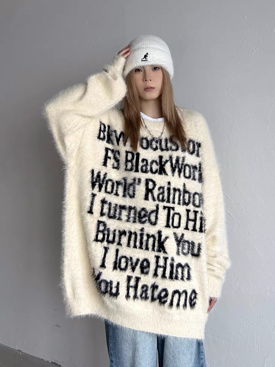 Wowa美式情侶毛衣秋冬款復古馬海毛小眾慵懶風圓領針織衫男女潮牌