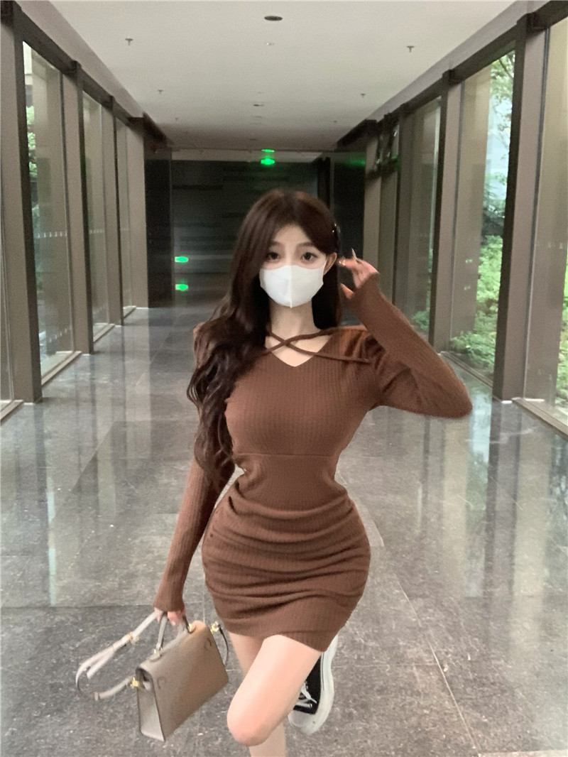 實拍~港風復古性感氣質內搭針織連衣裙女秋冬高腰顯瘦包臀裙