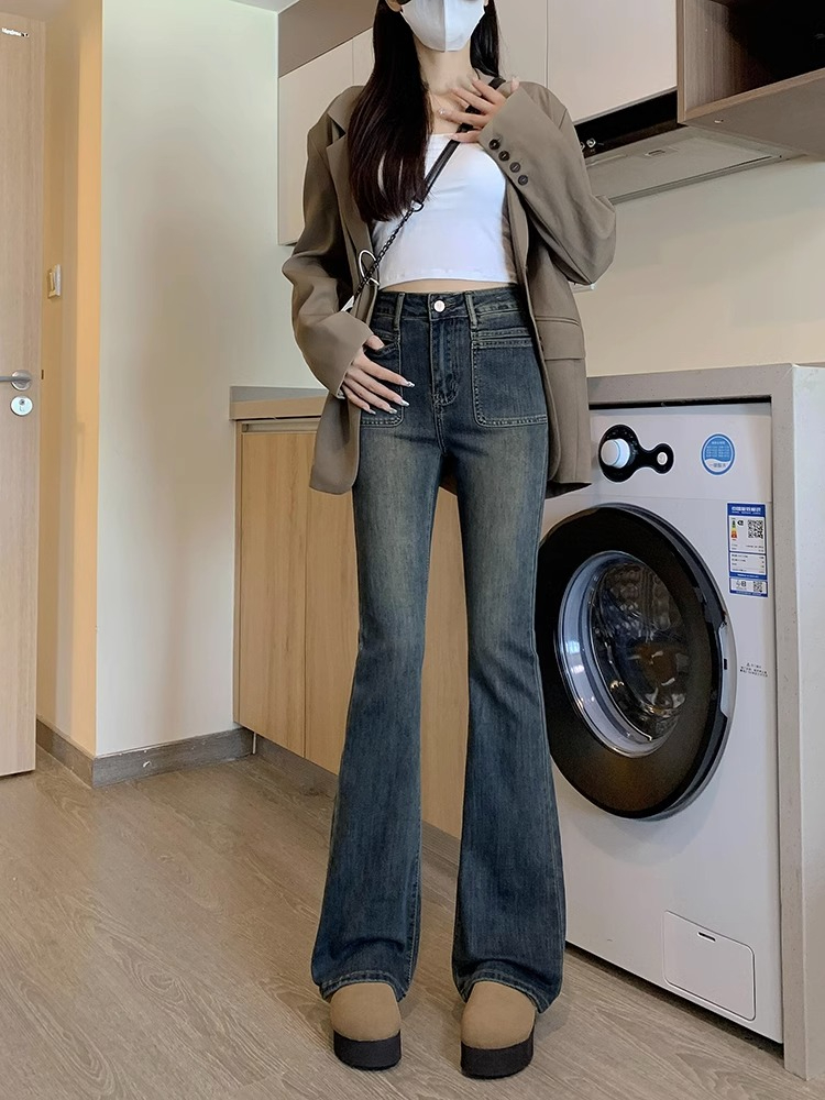 水泥灰微喇牛仔褲女2023秋季新款高腰修身顯瘦百搭加長喇叭馬蹄褲