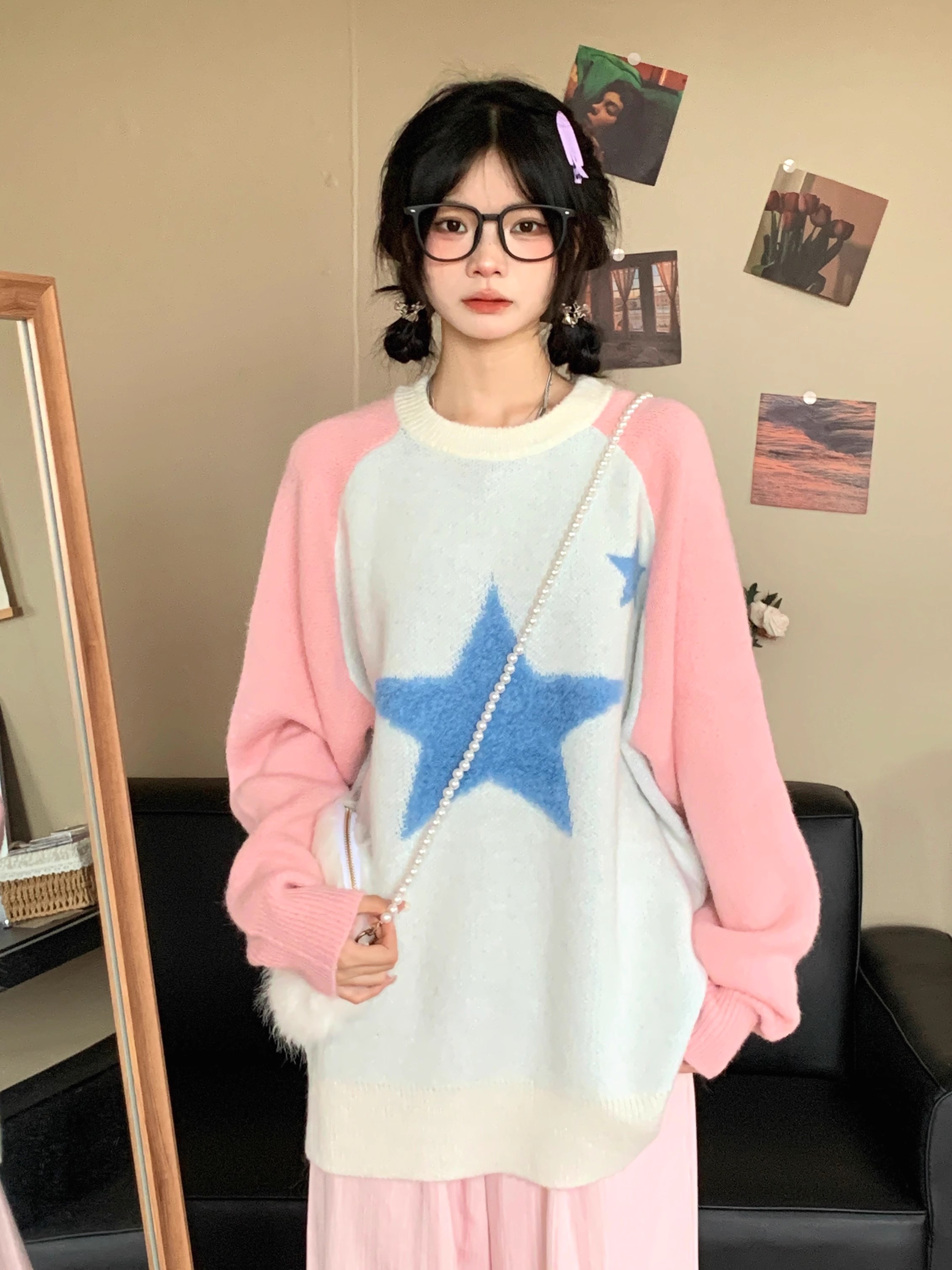 美式星星撞色插肩袖圓領毛衣復古慵懶小眾寬鬆針織衫