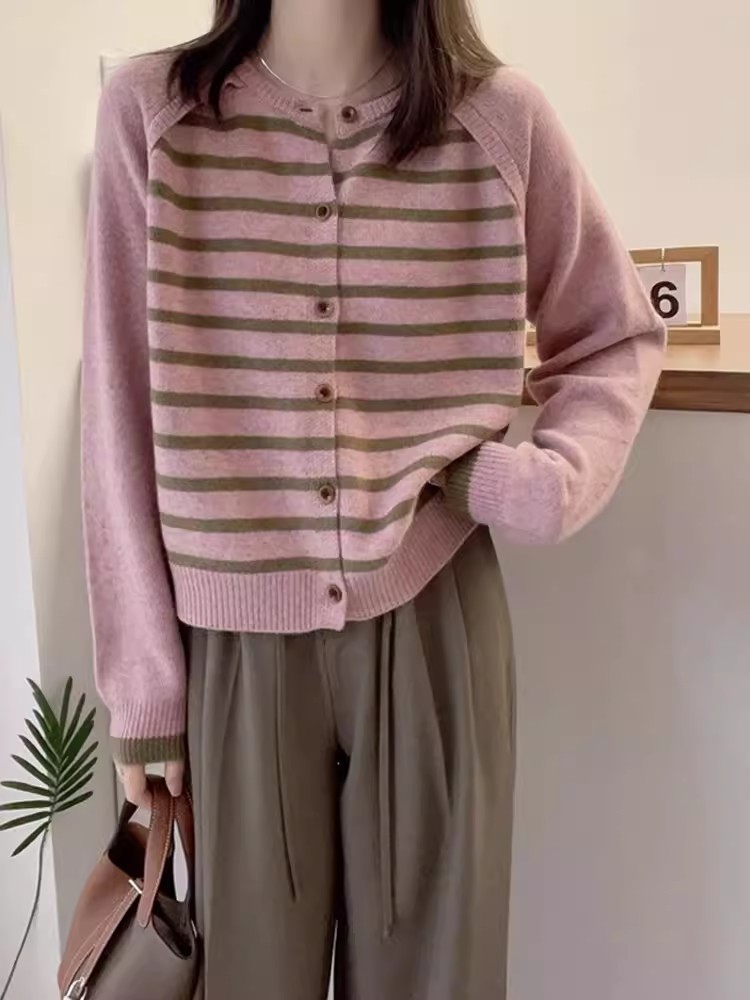 時尚氣質百搭圓領條紋針織開衫秋季新款寬鬆撞色單排扣上衣外套潮