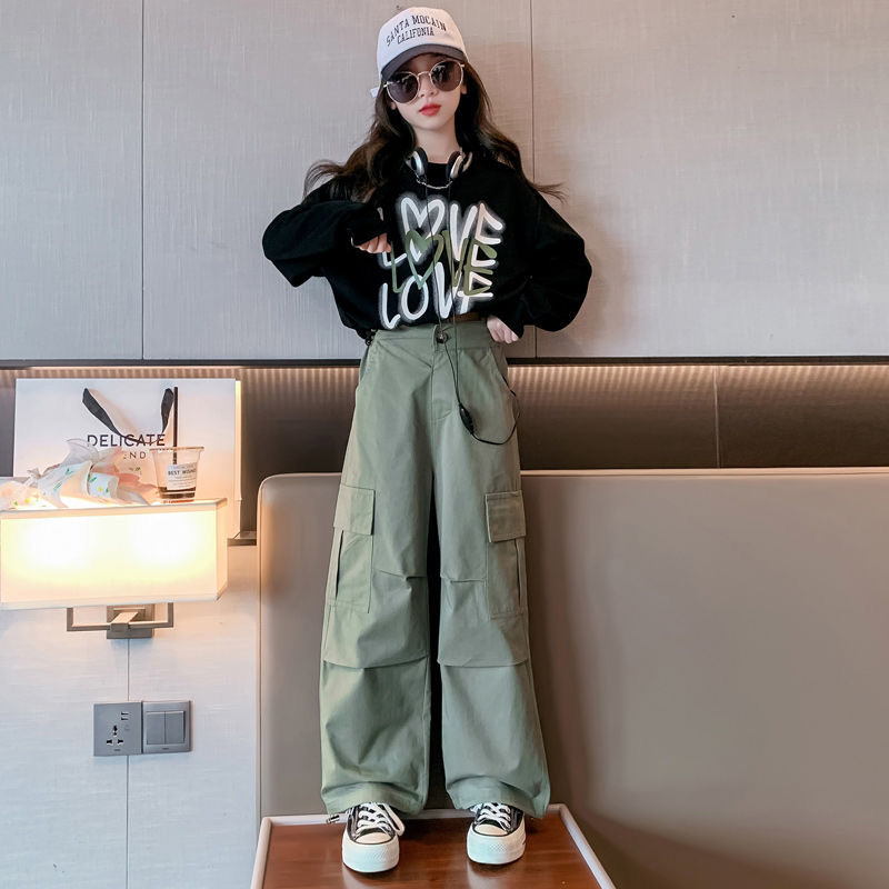 女童套裝春秋款2023新款兒童洋氣時髦秋裝褲子女孩大童韓版工裝褲