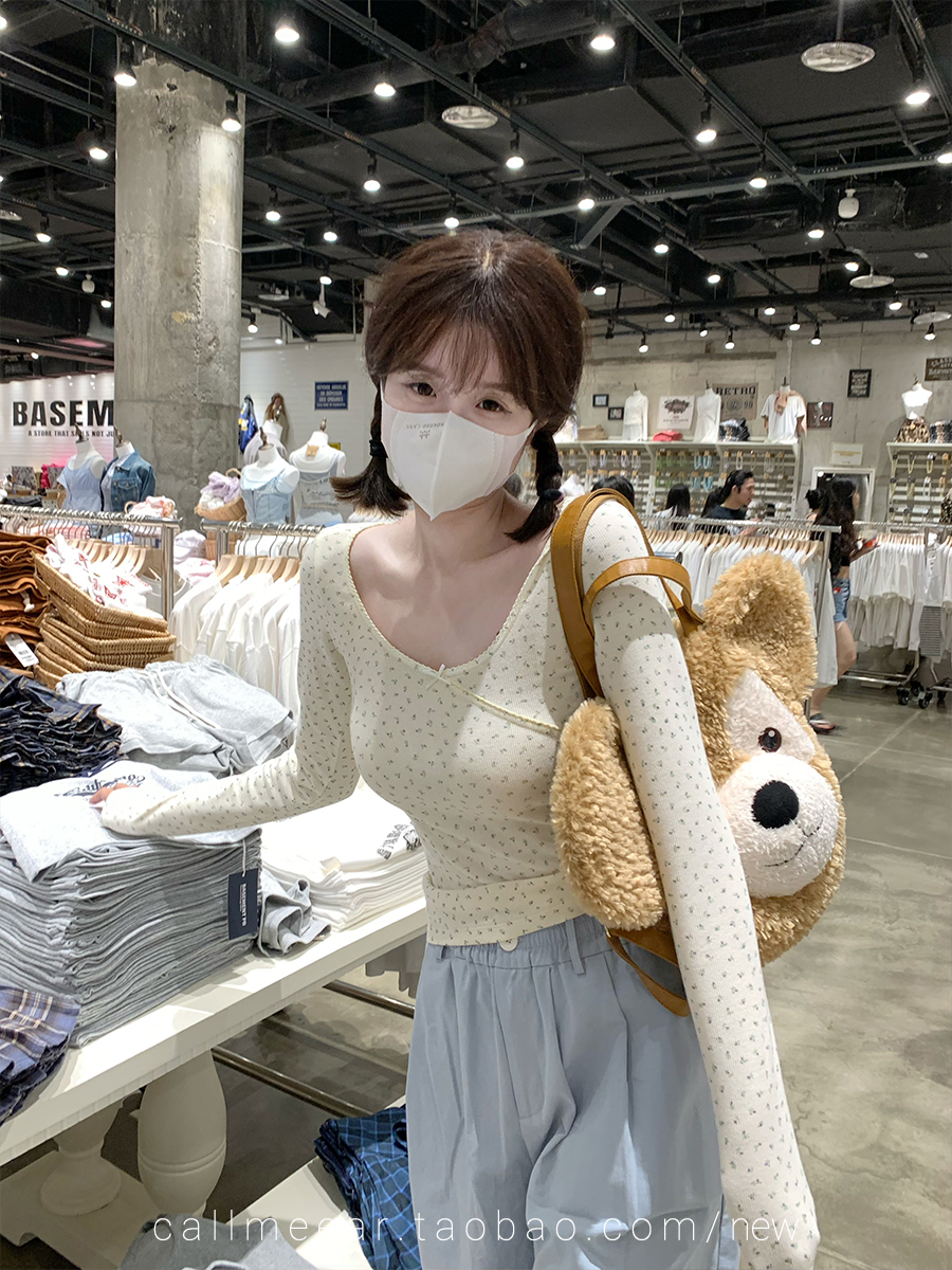 callmeear//絕美小碎花長袖/短袖打底衫蝴蝶結t顯瘦內搭上衣