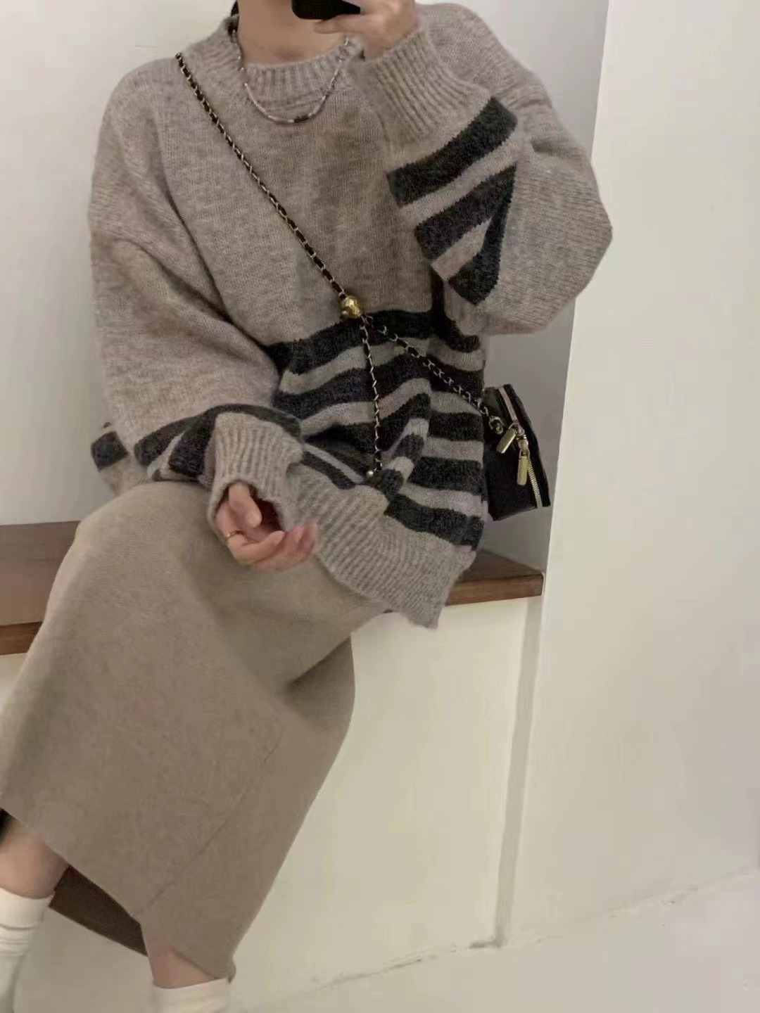 慵懶風套頭毛衣女2023秋季新款寬鬆撞色條紋針織衫內搭軟糯上衣冬