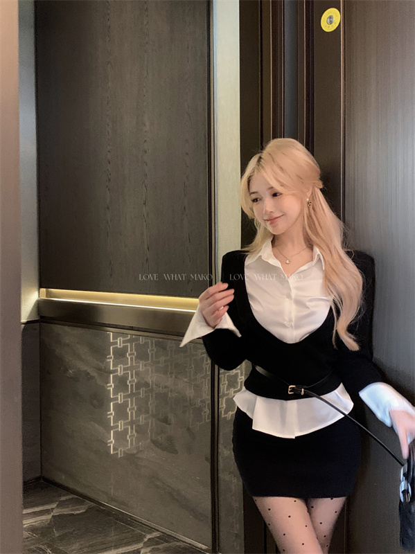 實拍  韓版純欲名媛風毛衣襯衫甜辣包臀半裙三件套