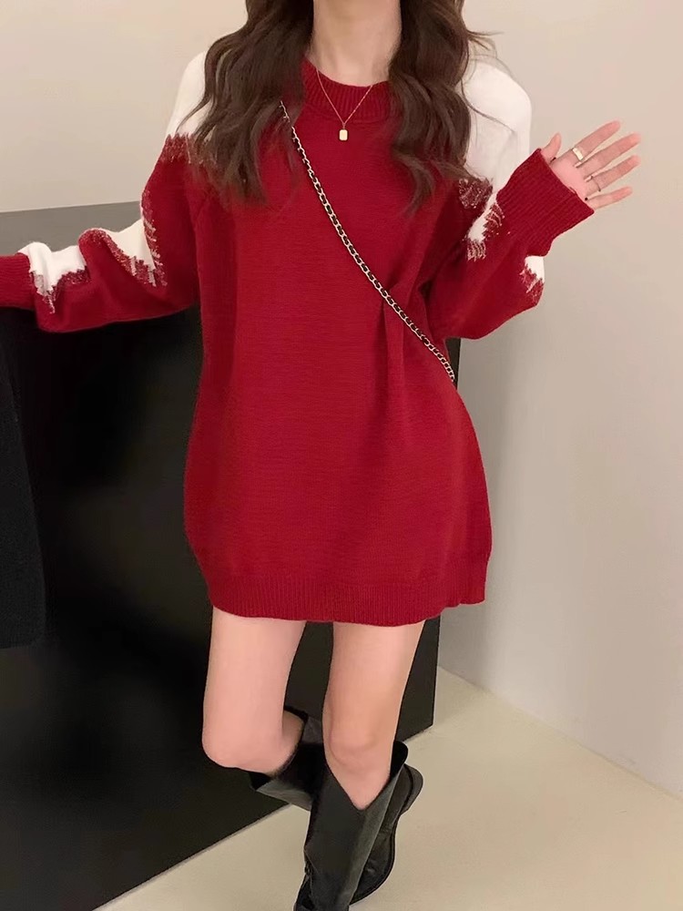 時尚新年聖誕百搭紅色毛衣女寬鬆慵懶風中長款顯瘦秋冬保暖內搭潮