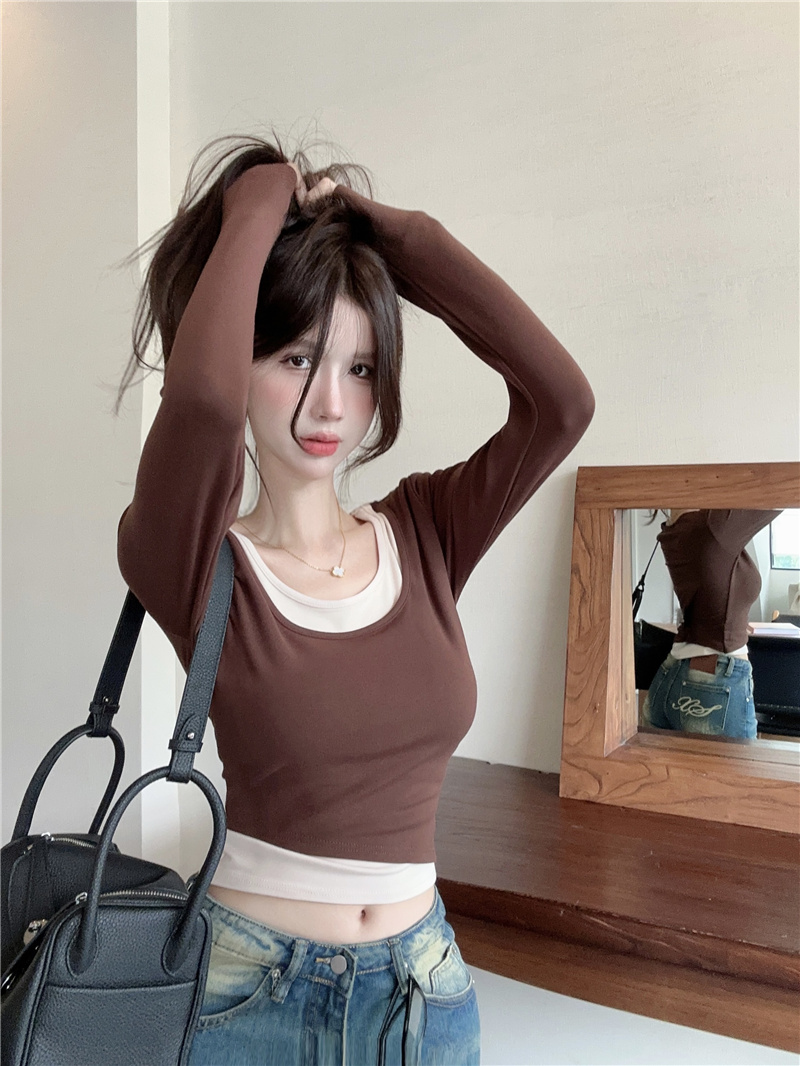 實拍~萬能雙拼T~拼接撞色假兩件辣妹修身長袖打底T恤女