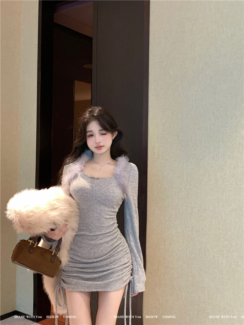 實拍~純欲長袖針織連衣裙女秋冬毛毛拼接裙甜辣收腰包臀短裙