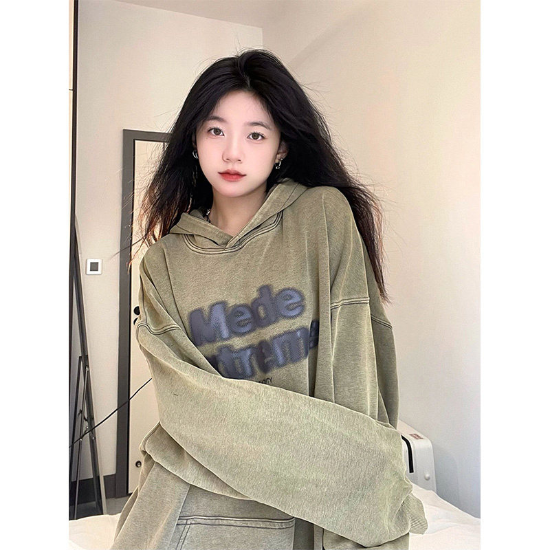 美式復古連帽衛衣女秋季加絨加厚水洗做舊設計感小眾寬鬆慵懶上衣