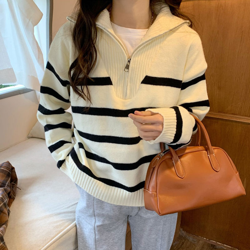 Arctic Velvet Zipper Striped Sweater Women's Autumn and Winter Lazy Design Niche Knitted Top Women